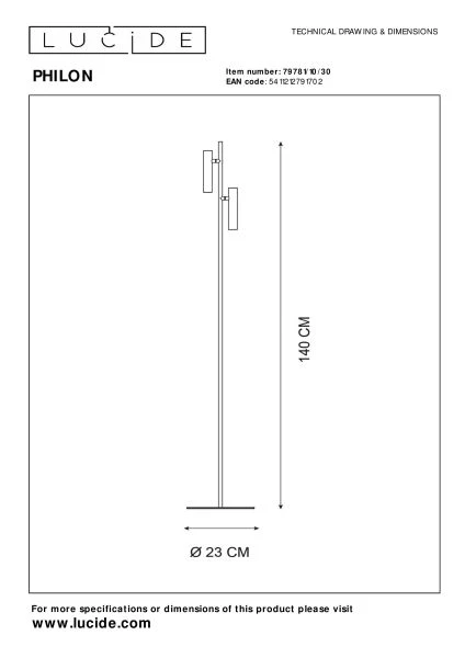 Lucide PHILON - Floor reading lamp - Ø 23 cm - LED Dim. - 2x4,5W 3000K - Black - technical